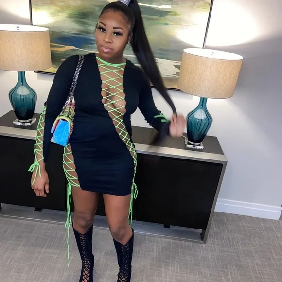neon string dress Neon String Black Dress | Color: Black/Green | Size: M